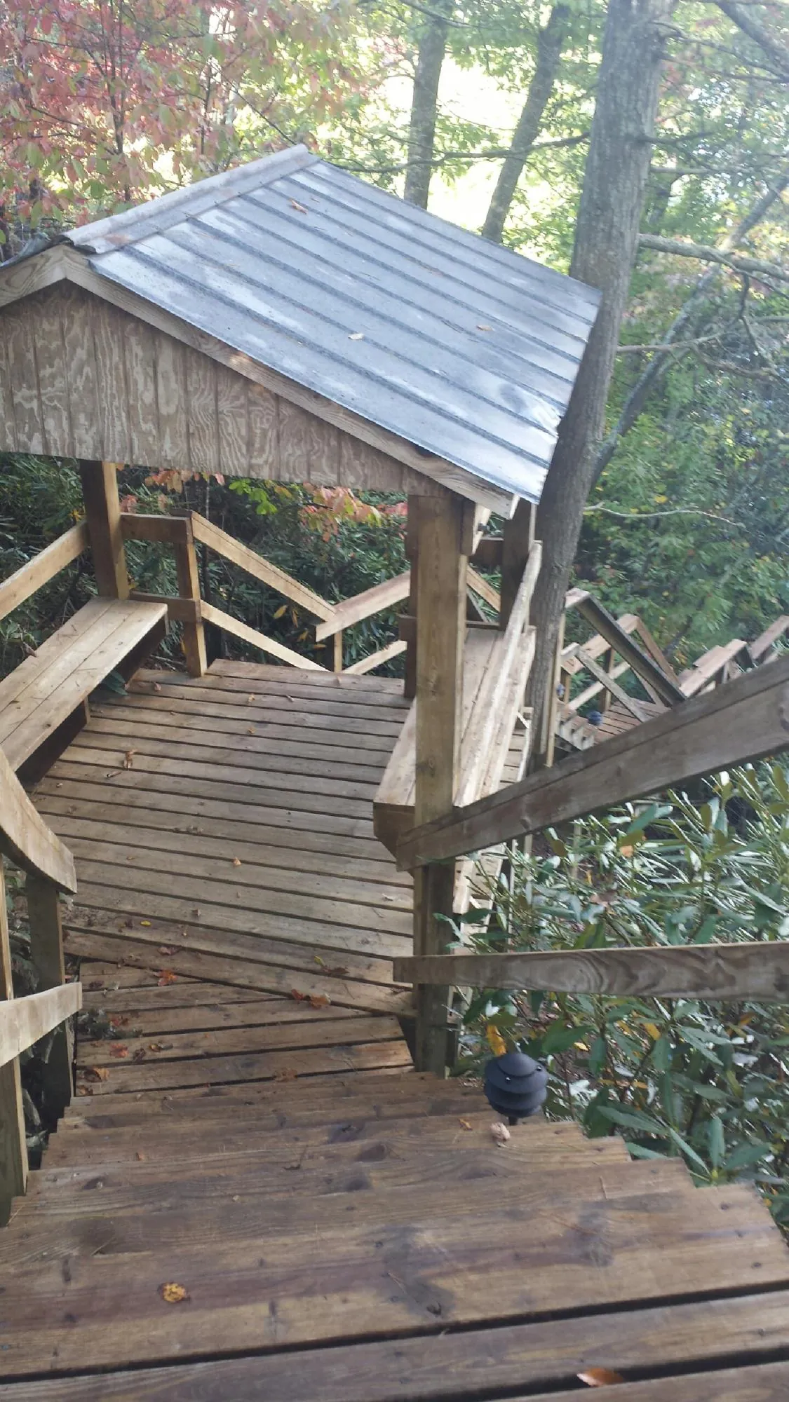 Metal roofed shelter over wooden steps on a wooded walkway — Skylight Repair & Installation work by our crew in Carlsbad
